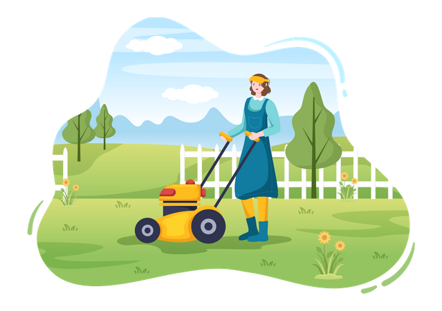 Jardineira feminina cortando grama verde  Ilustração