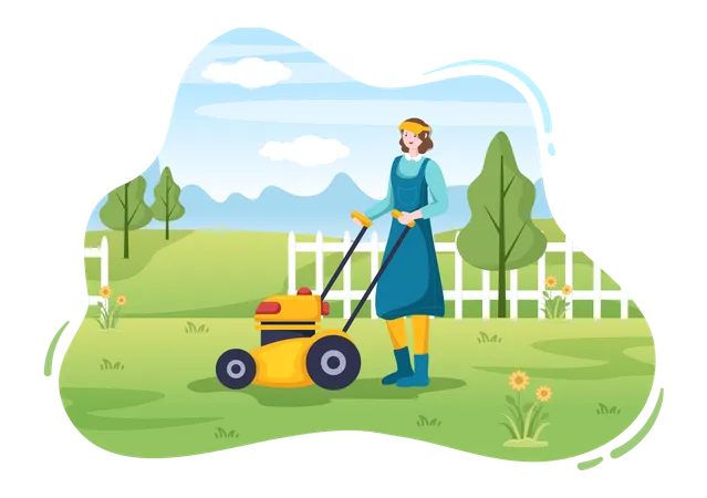 Jardineira feminina cortando grama verde  Ilustração