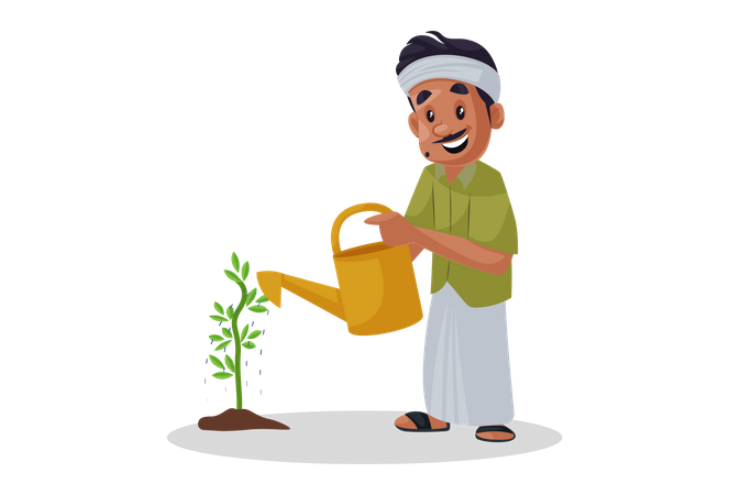 Jardineiro indiano derramando água para plantar  Ilustração