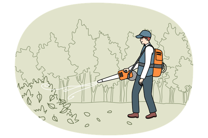 Jardineiro limpa jardim usando aspirador  Ilustração
