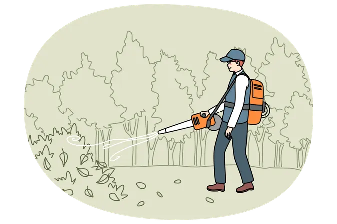 Jardineiro limpa jardim usando aspirador  Ilustração