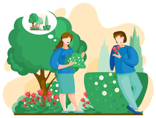 Jardineiro masculino e feminino plantando flores  Ilustração