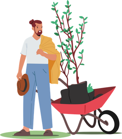 Jardineiro plantando árvore cuidando em carrinho de mão  Ilustração