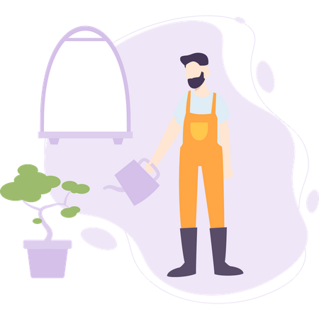 Jardineiro regando planta  Ilustração