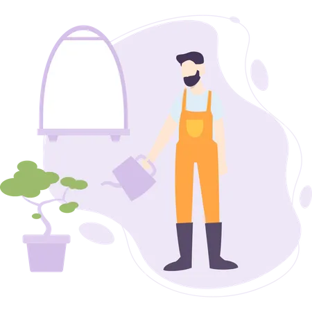 Jardineiro regando planta  Ilustração