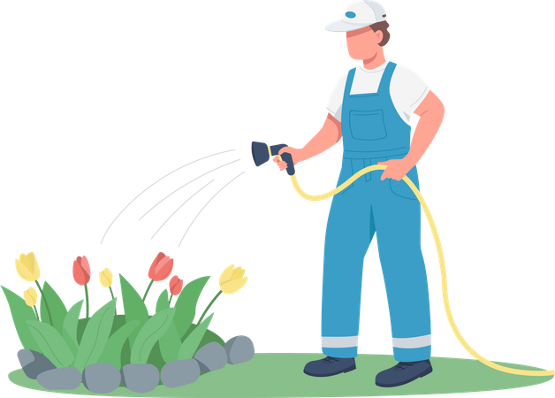 Jardineiro regando canteiro de flores  Ilustração
