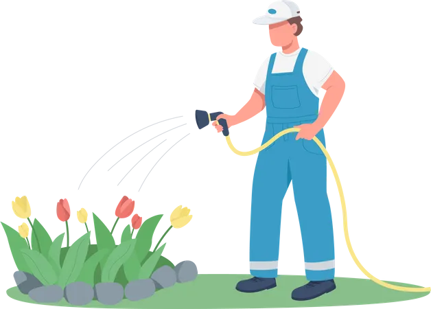 Jardineiro regando canteiro de flores  Ilustração