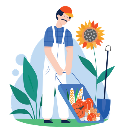 Jardinero con cosecha de verduras frescas  Ilustración