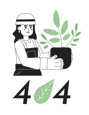 Jardinero con planta de interior y mensaje flash de error 404  Ilustración