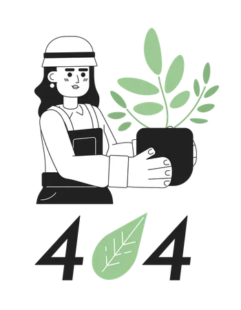 Jardinero con planta de interior y mensaje flash de error 404  Ilustración