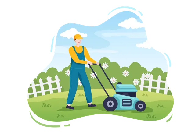 Jardinero cortando hierba verde  Ilustración
