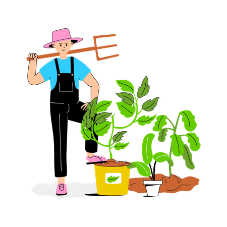 Jardinero cuidando las plantas con cuidado y atención.  Ilustración