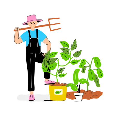 Jardinero cuidando las plantas con cuidado y atención.  Ilustración