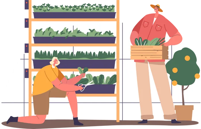 Jardinero cuidando plantas en un ambiente controlado.  Ilustración