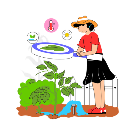 Jardinero examinando plantas para comprobar su salud y crecimiento.  Ilustración