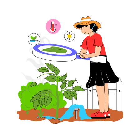 Jardinero examinando plantas para comprobar su salud y crecimiento.  Ilustración