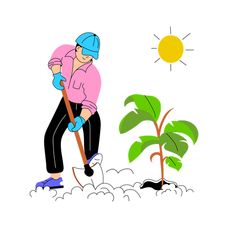 Jardinero masculino cavando una planta con una pala  Ilustración