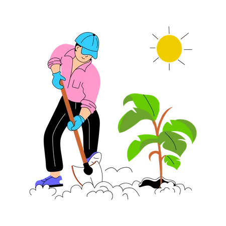 Jardinero masculino cavando una planta con una pala  Ilustración