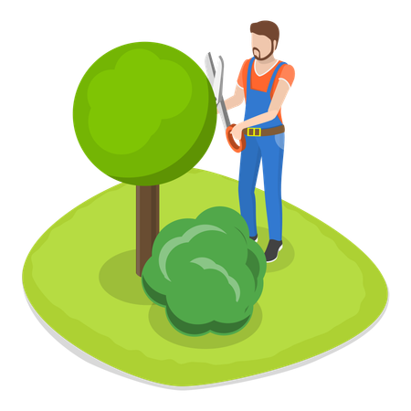 Jardinero macho podando árbol  Ilustración