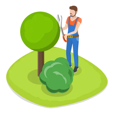 Jardinero macho podando árbol  Ilustración