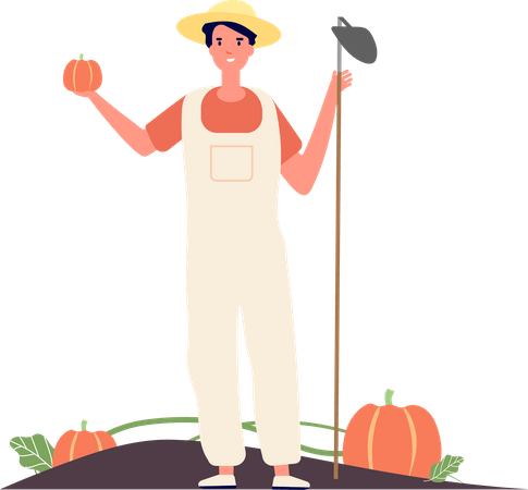 Jardinero masculino sosteniendo pala y calabaza  Ilustración