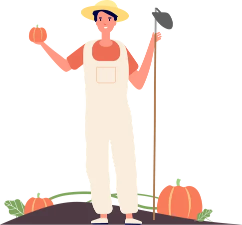Jardinero masculino sosteniendo pala y calabaza  Ilustración