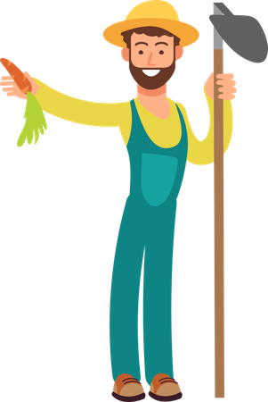 Jardinero masculino sosteniendo pala y zanahoria  Ilustración