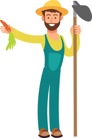 Jardinero masculino sosteniendo pala y zanahoria  Ilustración