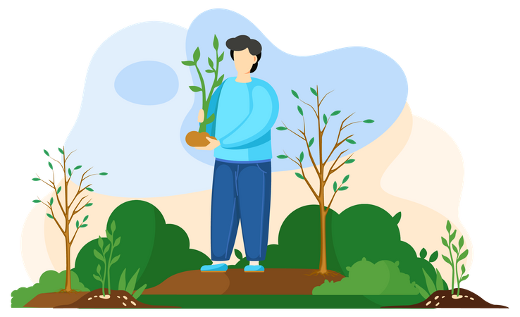 Jardinero masculino sosteniendo planta  Ilustración