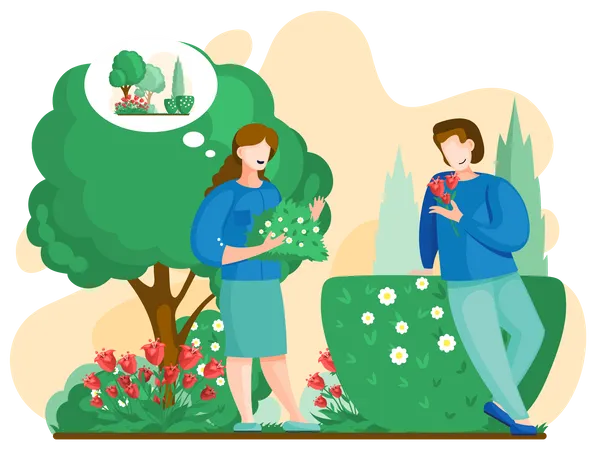 Jardinero masculino y femenino plantando flores  Ilustración