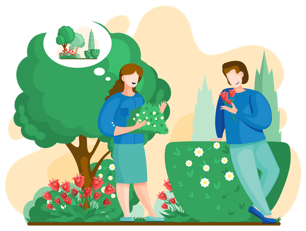 Jardinero masculino y femenino plantando flores  Ilustración