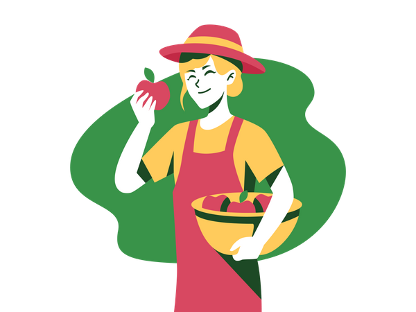 Jardinero sosteniendo cesta de manzanas  Ilustración