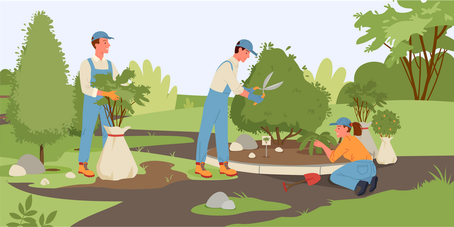 Jardineros que trabajan en el mantenimiento del césped  Ilustración