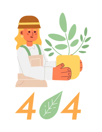 Jardinier avec plante d'intérieur et message flash d'erreur 404  Illustration