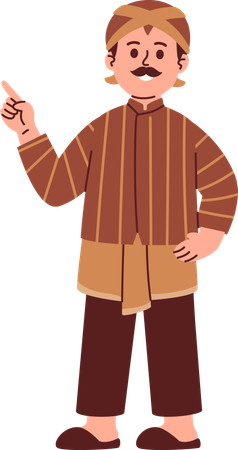 Javanese Man Wear Blangkon Pointing Something  Illustration