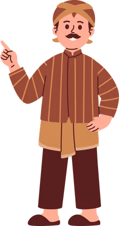 Javanese Man Wear Blangkon Pointing Something  Illustration