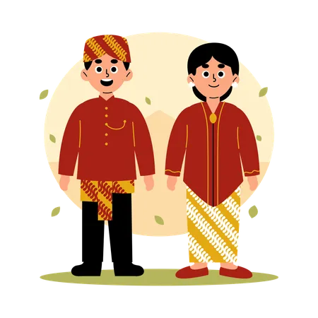 Ilustracao De Um Homem E Uma Mulher Vestidos Com Roupas Tradicionais Jawa Barat Mostrando A Rica Heranca Cultural Da Indonesia Java Ocidental Ilustração
