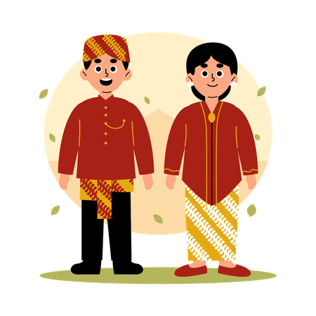자와 바라트(Jawa Barat) 전통 의상을 입은 전통 커플, 서부 자바  일러스트레이션