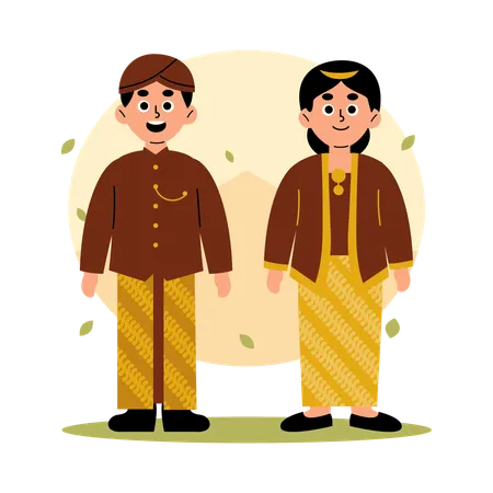 Ilustracao De Um Homem E Uma Mulher Vestidos Com Roupas Tradicionais De Jawa Tengah Mostrando A Rica Heranca Cultural Da Indonesia Java Central Ilustração