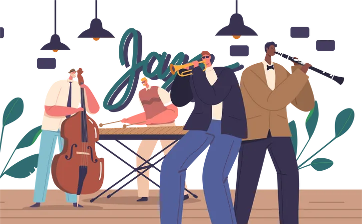 Jazz Band Characters Electrifying The Stage With Their Soulful Melodies And Captivating Improvisations Rhythmic Beats Harmonious Instruments And Mesmerizing Solos Cartoon People Vector Illustration Illustration