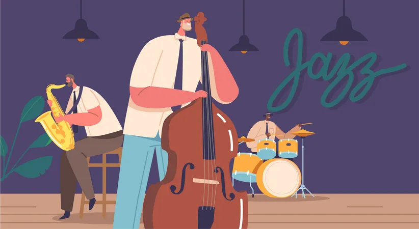 Dynamic Jazz Band Characters On Stage Captivating The Audience With Their Energetic Performance Syncopated Rhythms Soulful Melodies And Skillful Improvisations Cartoon People Vector Illustration Illustration