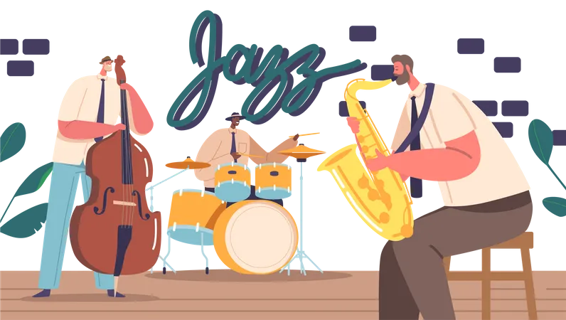 Jazz Band On Stage Performing Music Concert Artists Characters On Scene With Musical Instruments Drums Saxophone And Contrabass Create Soulful Melodies On Stage Cartoon People Vector Illustration Illustration