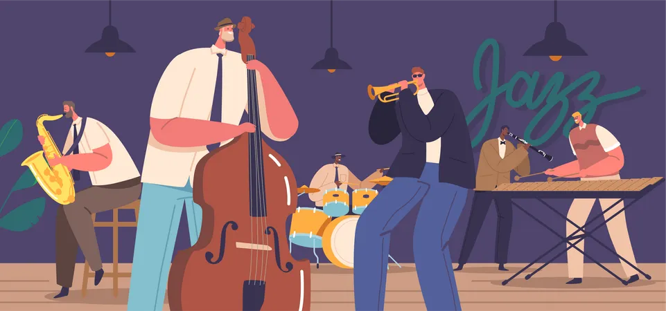 Dynamic Jazz Band Characters Performing Live On Stage Captivating The Audience With Rhythmic Melodies Soulful Improvisations And Energetic Music Performances Cartoon People Vector Illustration Illustration