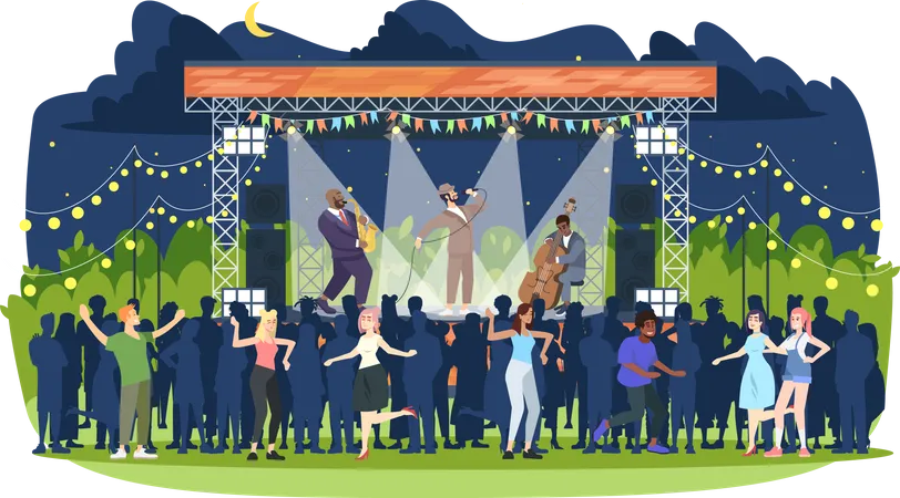 Jazz Music Festival Flat Vector Illustration Night Retro Concert In Park Open Air Live Performance People Having Fun At Jam Session Rock N Roll Party Musicians And Spectators Cartoon Characters Illustration