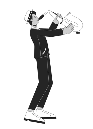 Jazz Saxophone Player Black And White Cartoon Flat Illustration Indian Adult Man Playing Musical Instrument 2 D Lineart Character Isolated Saxophonist Musician Monochrome Scene Vector Outline Image Illustration