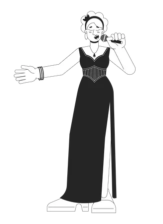 Jazz Singer With Microphone Black And White Cartoon Flat Illustration Caucasian Adult Woman Mic Vocalist 2 D Lineart Character Isolated Vintage Female Musician Monochrome Scene Vector Outline Image Illustration