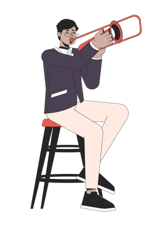 Jazz Trombone Player Line Cartoon Flat Illustration Arab Adult Man Trompette Musicien 2 D Lineart Character Isolated On White Background Male Orchestra Musician Trumpet Scene Vector Color Image Illustration