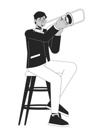 Jazz Trumpet Player Black And White Cartoon Flat Illustration Arab Adult Man Trompette Musicien 2 D Lineart Character Isolated Male Orchestra Musician Trumpet Monochrome Scene Vector Outline Image Illustration