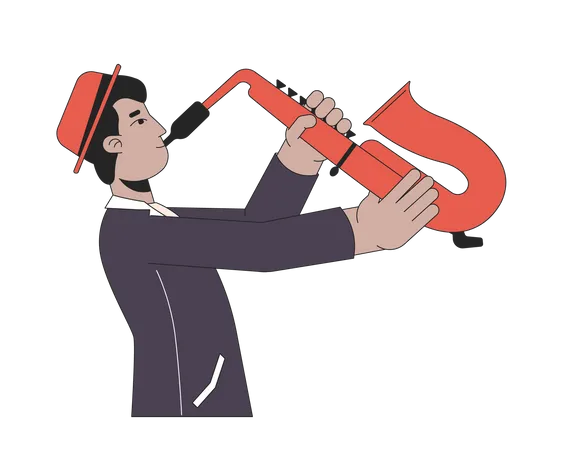 Indian Young Adult Jazzman 2 D Linear Cartoon Character South Asian Male Holding Musical Instrument Isolated Line Vector Person White Background Saxophone Player Color Flat Spot Illustration Illustration