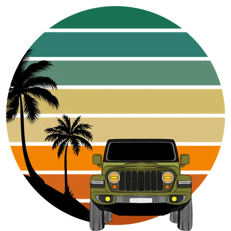 California Jeep Retro Design Landscape Illustration